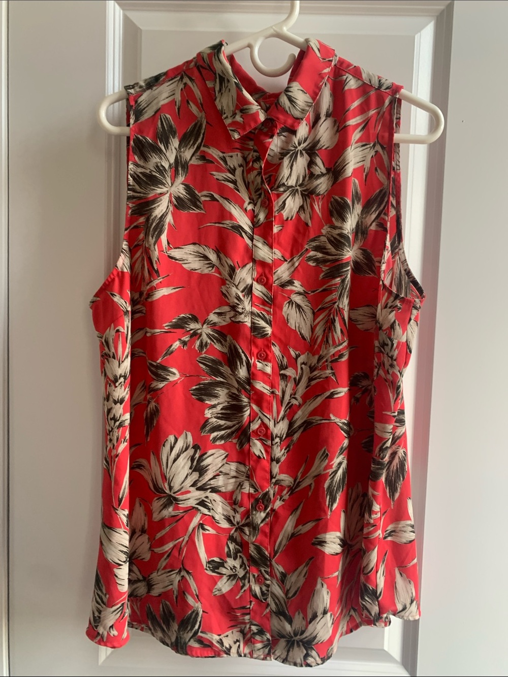 Sleeveless Red Floral Button-Front Blouse